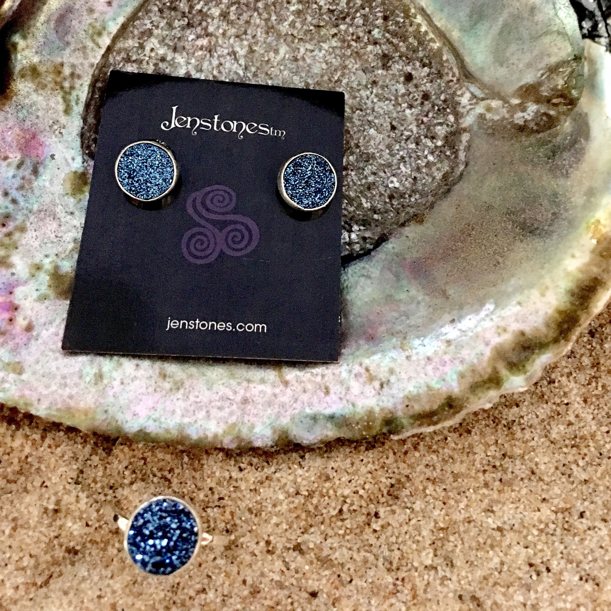 Deep Blue Druze Stud Earrings-Jenstones Jewelry