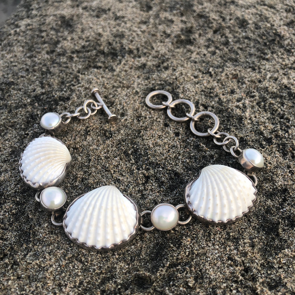 Pearl and Scallop Shell Silver Link Bracelet-Jenstones Jewelry