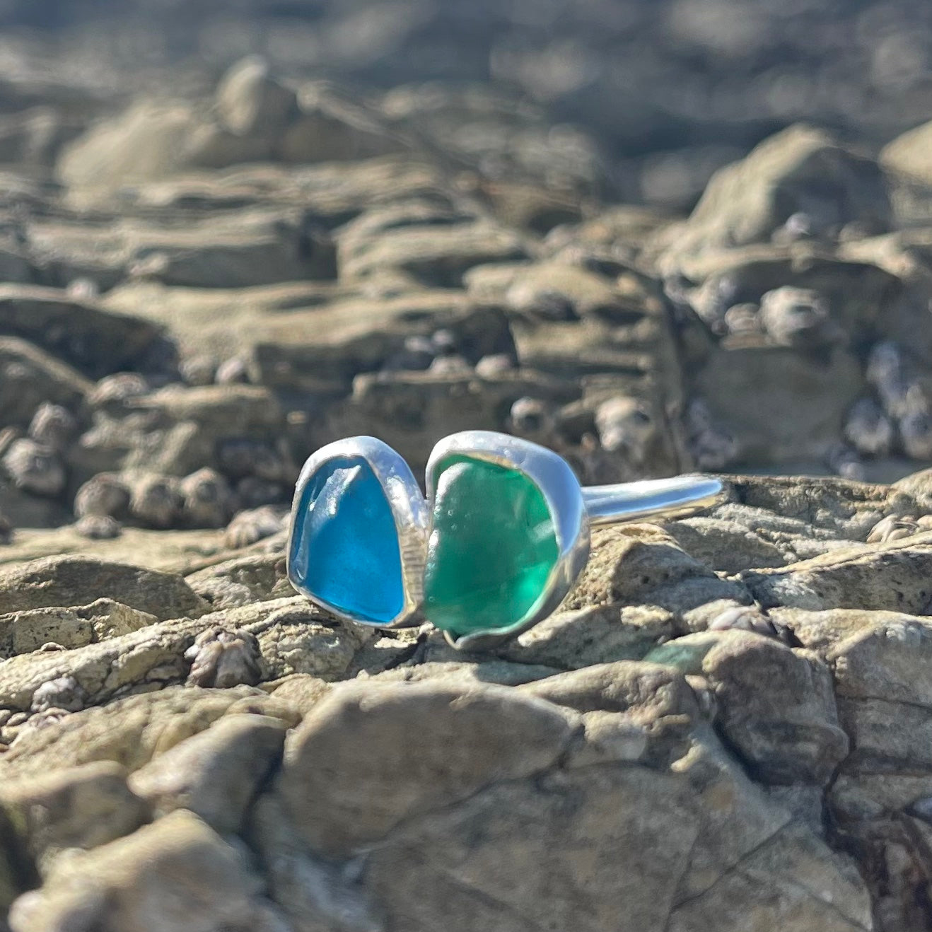 Sea Green and Aqua Sea glass Wrap Around Ring-Jenstones Jewelry