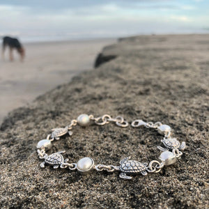 Sea Turtle and Pearl Silver Link Bracelet-Jenstones Jewelry