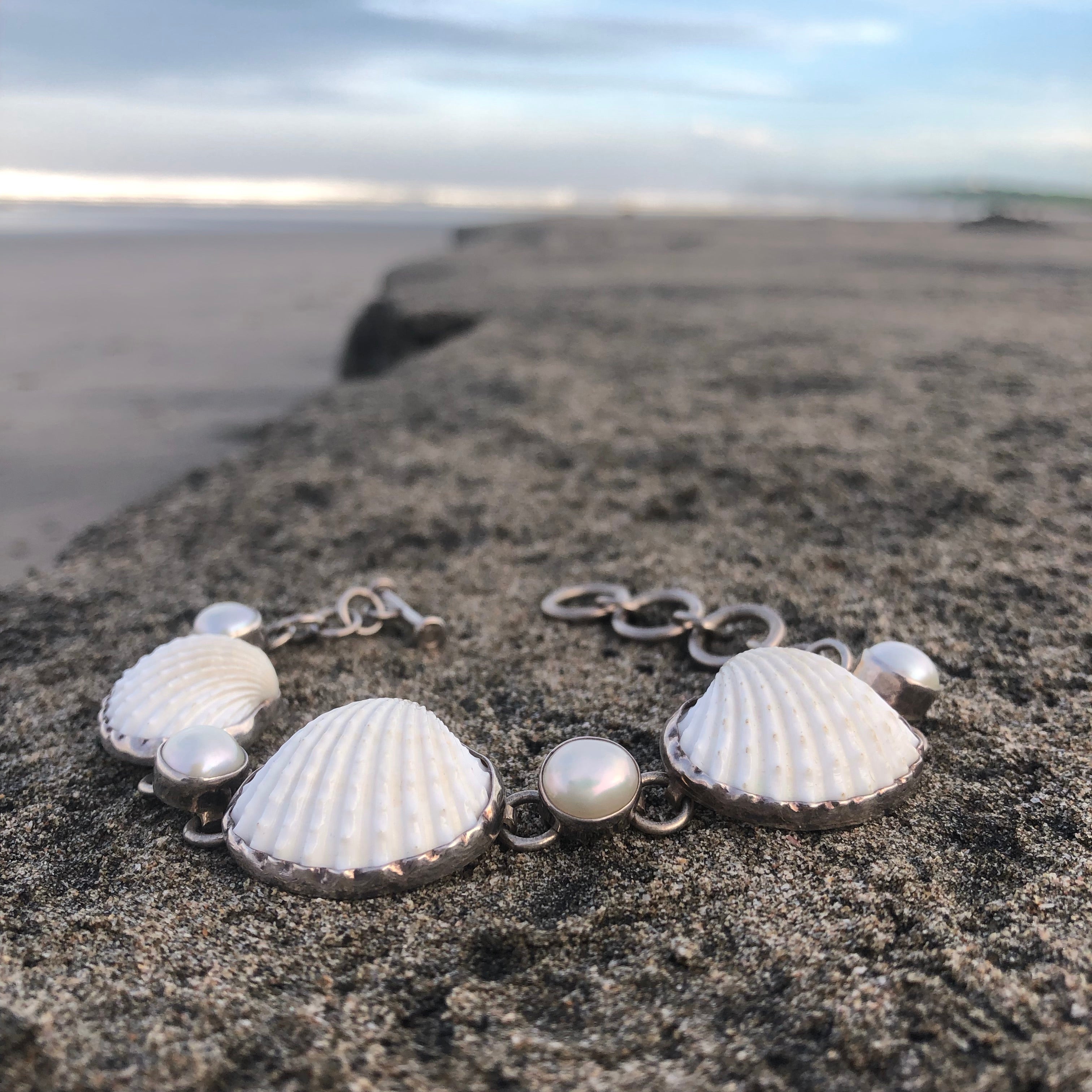 Pearl and Scallop Shell Silver Link Bracelet-Jenstones Jewelry