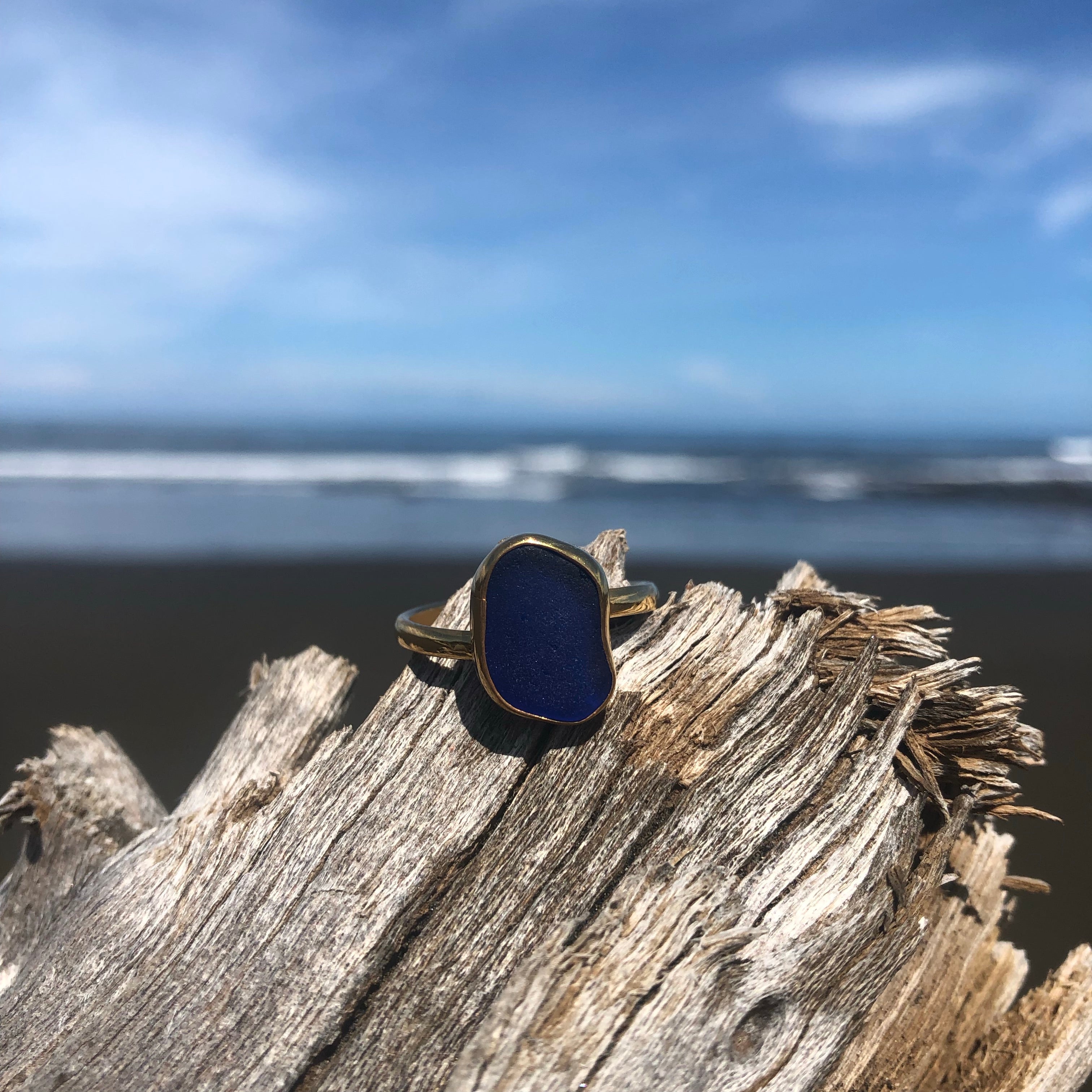 Petite Cobalt Blue Sea Glass Gold Plated Bronze Ring-Jenstones Jewelry