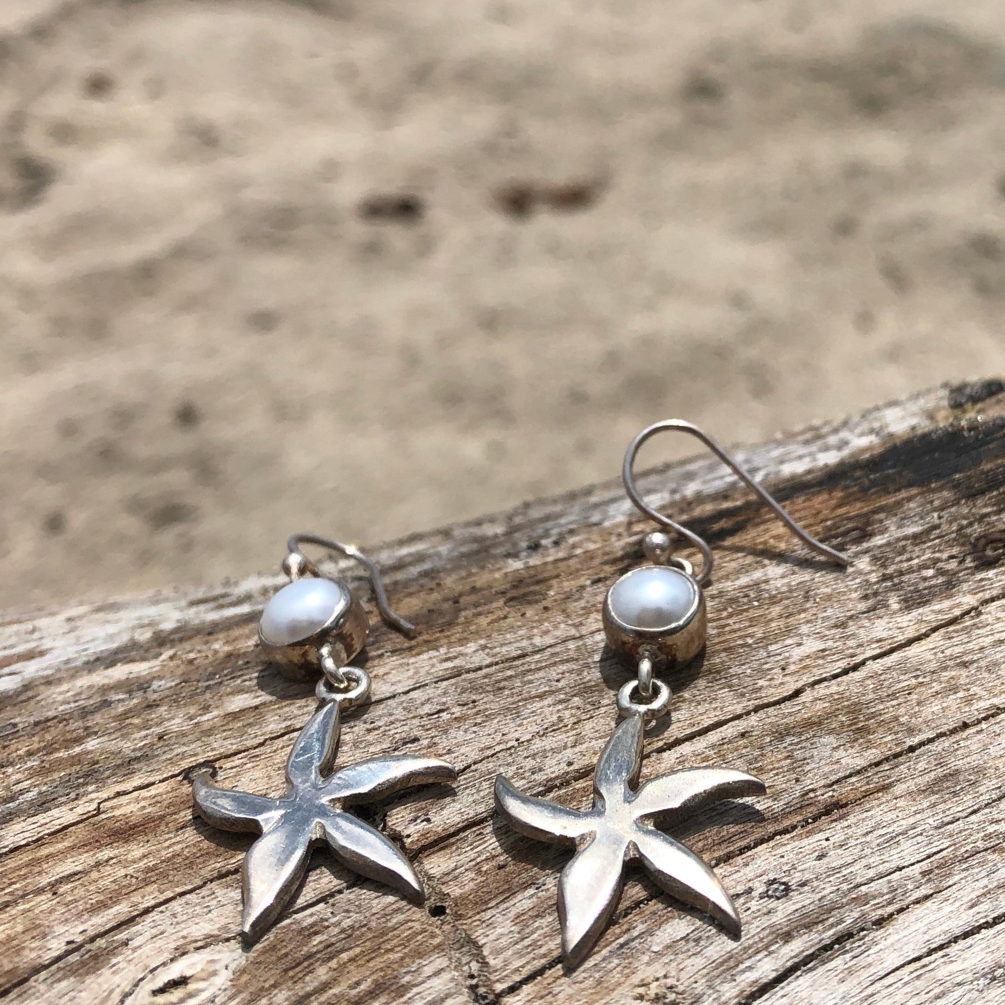 Starfish and Pearl Sterling Dangle Earrings-Jenstones Jewelry