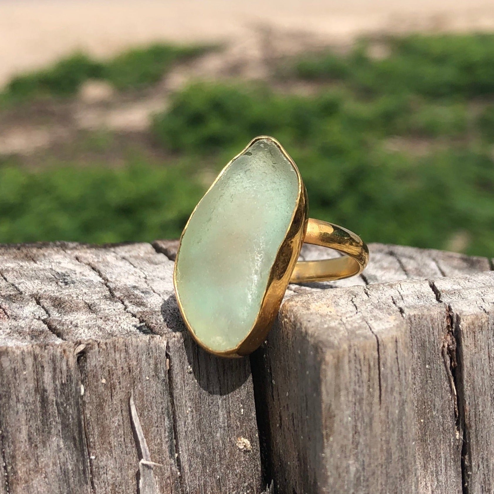 Seafoam Green Sea Glass Gold Plated Bronze Ring-Jenstones Jewelry