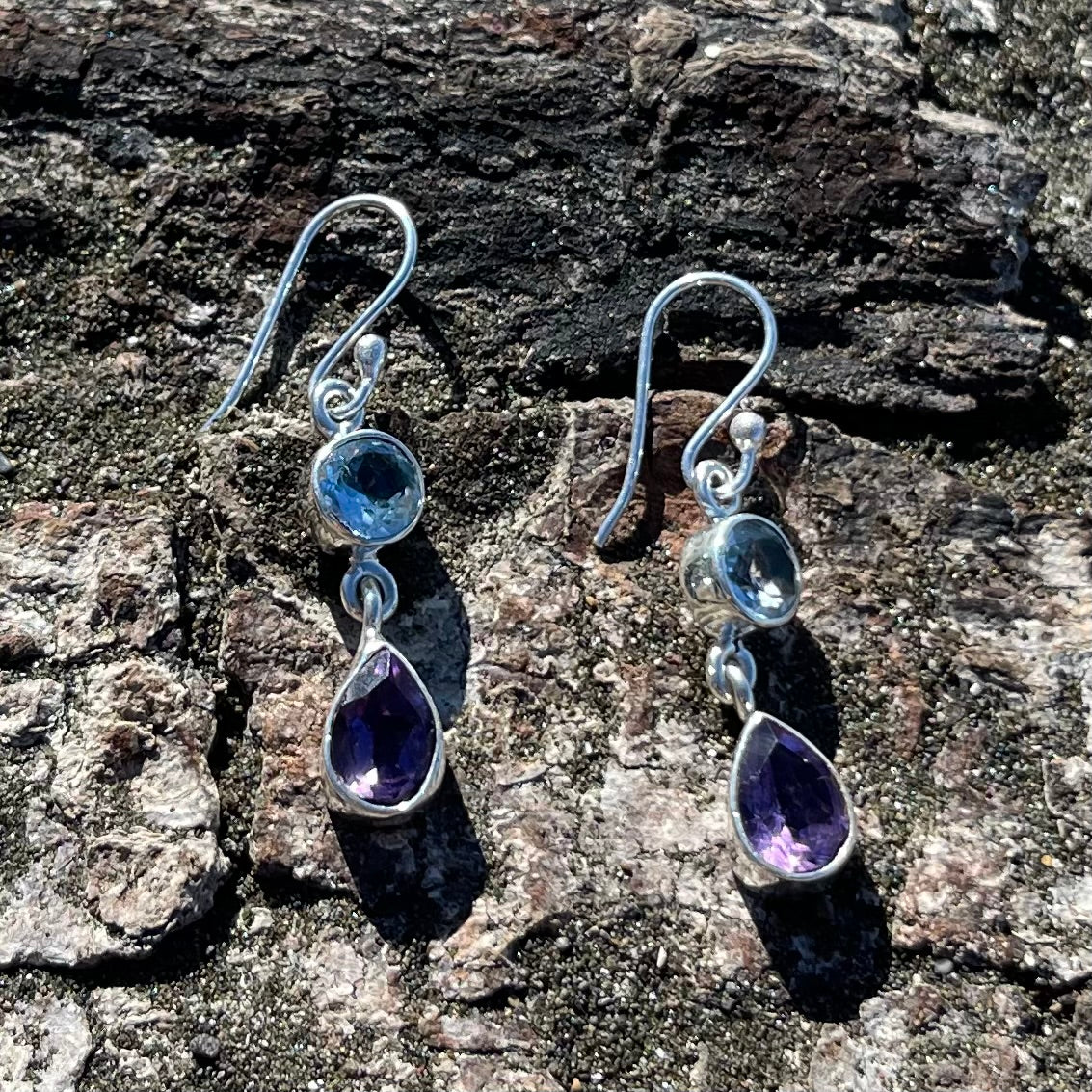Blue Topaz & Amethyst Faceted Dangle Earrings-Jenstones Jewelry
