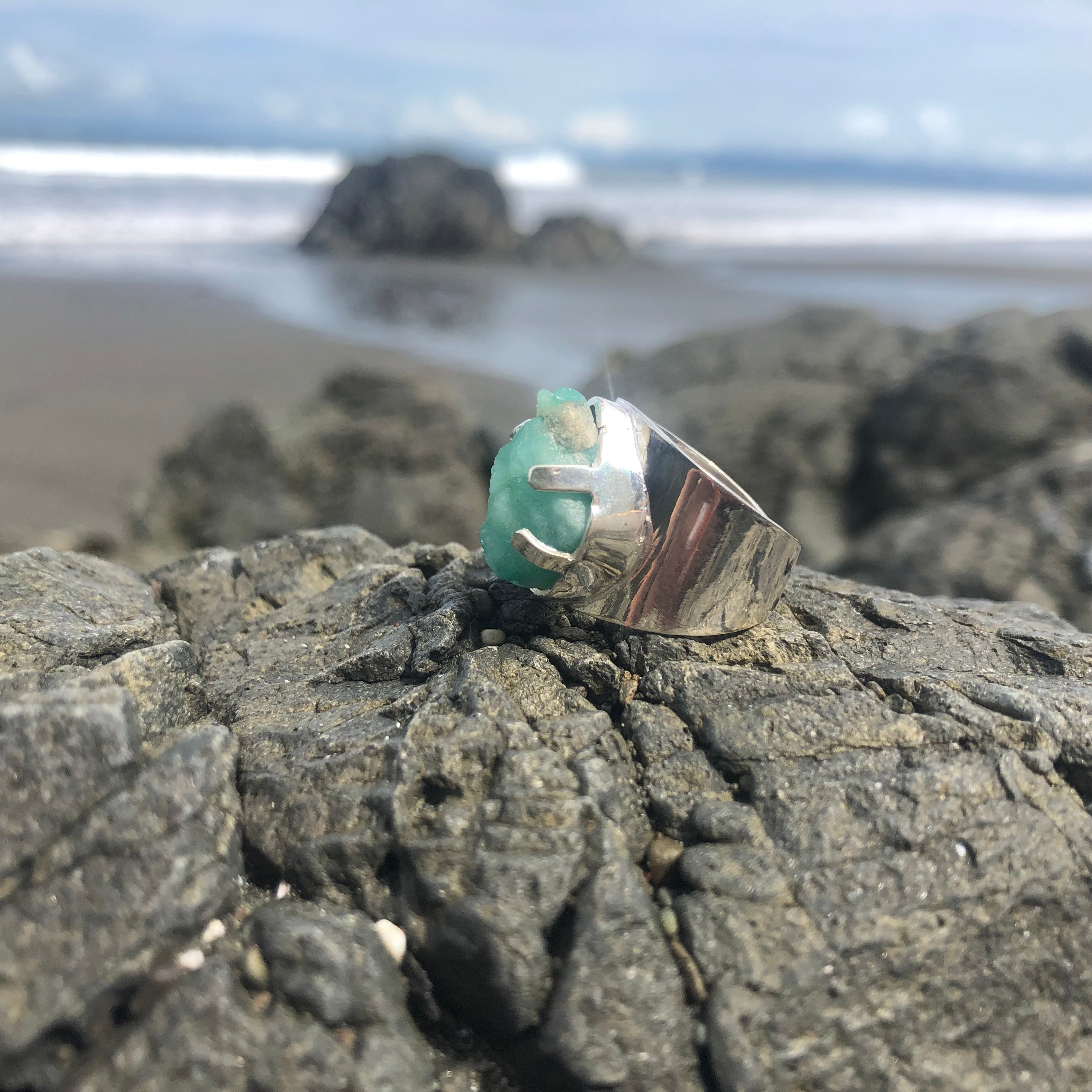 Emerald Ring Raw Sterling Size 7.5-Jenstones Jewelry