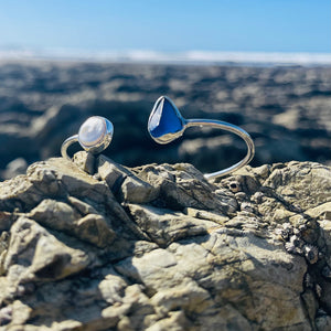 Wrap Bangle with Pearl & Blue Sea Glass-Jenstones Jewelry