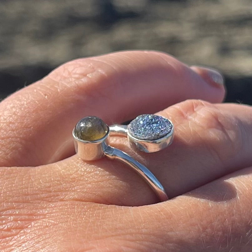 Labradorite and Round Druzy Wrap Around Ring-Jenstones Jewelry