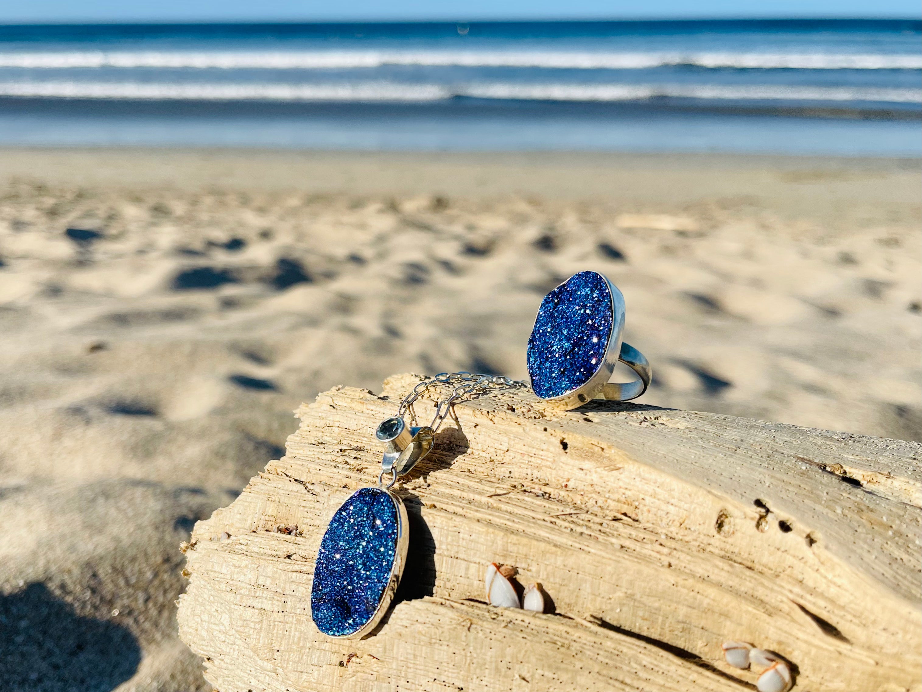 Oval Blue and Purple Druzy Pendant with Blue Topaz-Jenstones Jewelry