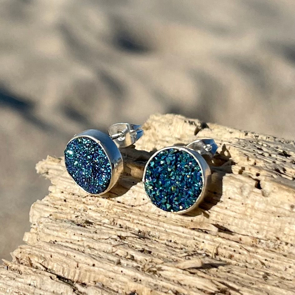 Deep Sea Blue Druzy Stud Earrings-Jenstones Jewelry