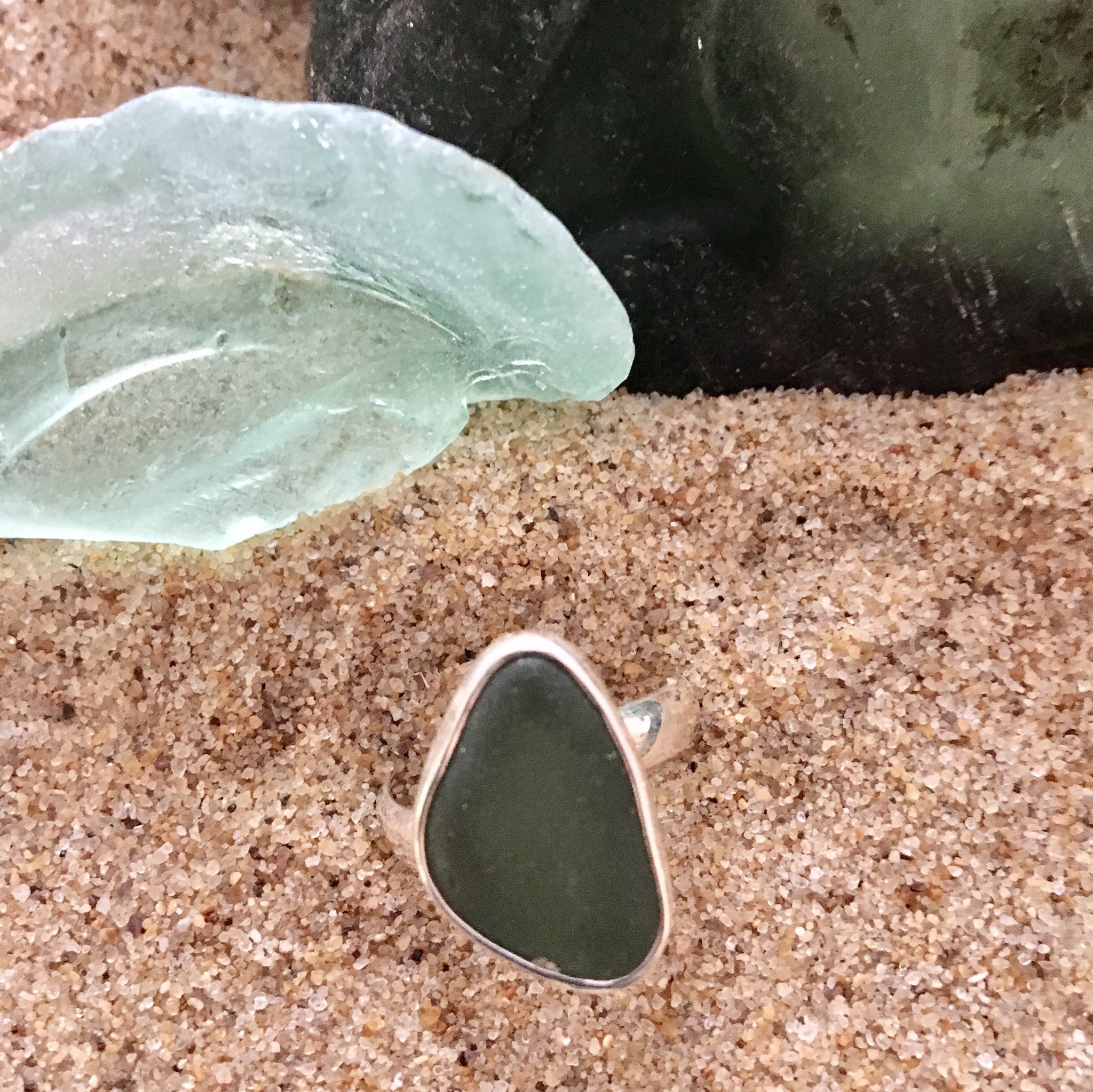Ring Sterling and Dark Green Sea Glass-Jenstones Jewelry