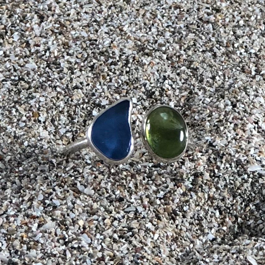 Wrap Around Ring Green Sea Glass and Peridot-Jenstones Jewelry