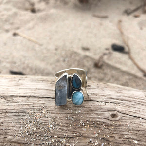 Aquamarine Crystal, Labradorite and Larimar Adjustable Silver Ring-Jenstones Jewelry