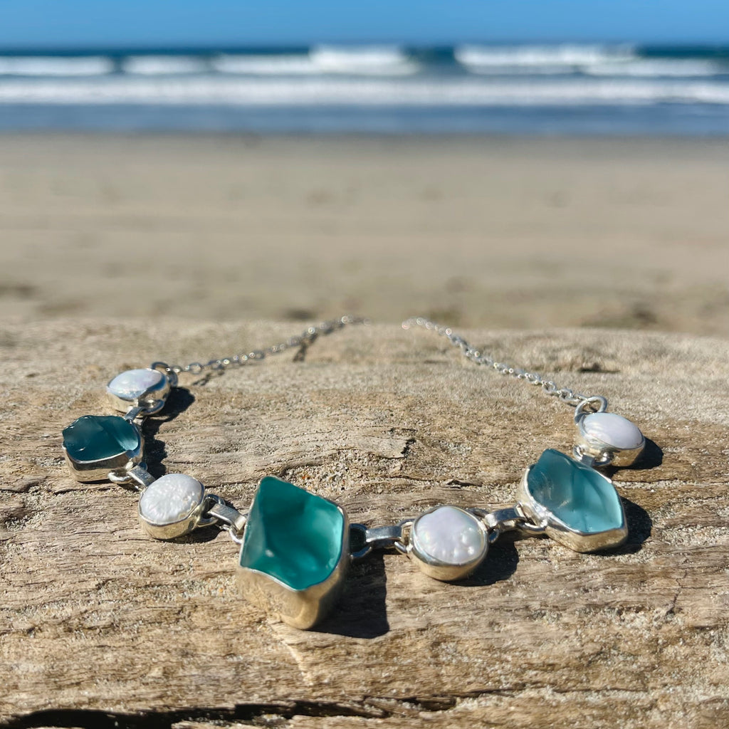 Aqua Sea Glass & Pearl Linked Necklace-Jenstones Jewelry