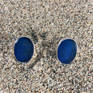 Cobalt Blue Sea Glass Oval Post Earrings-Jenstones Jewelry