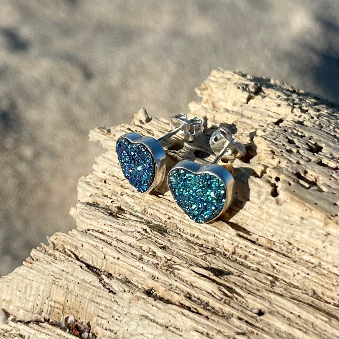 Ocean Blue Heart Druzy Stud Earrings-Jenstones Jewelry