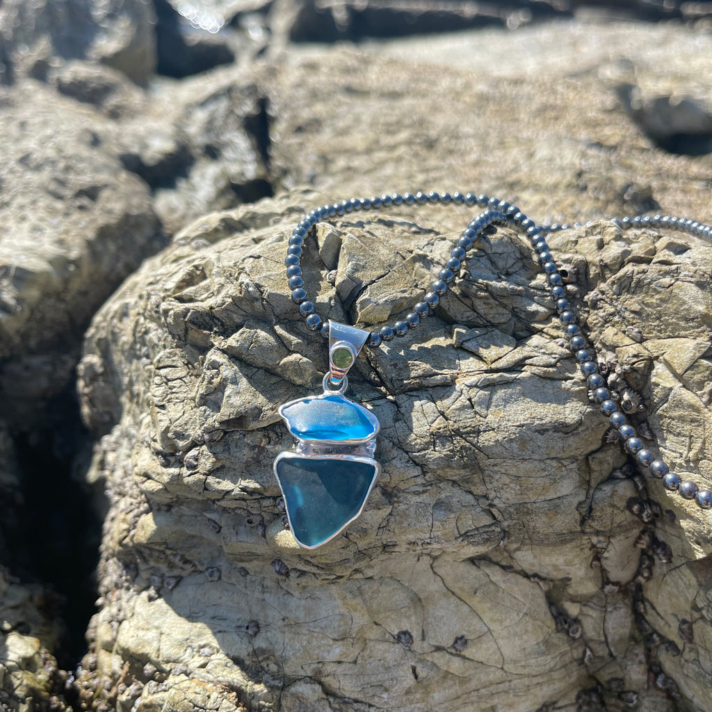 Cobalt Blue and Aqua Sea Glass and Peridot Silver Pendant-Jenstones Jewelry
