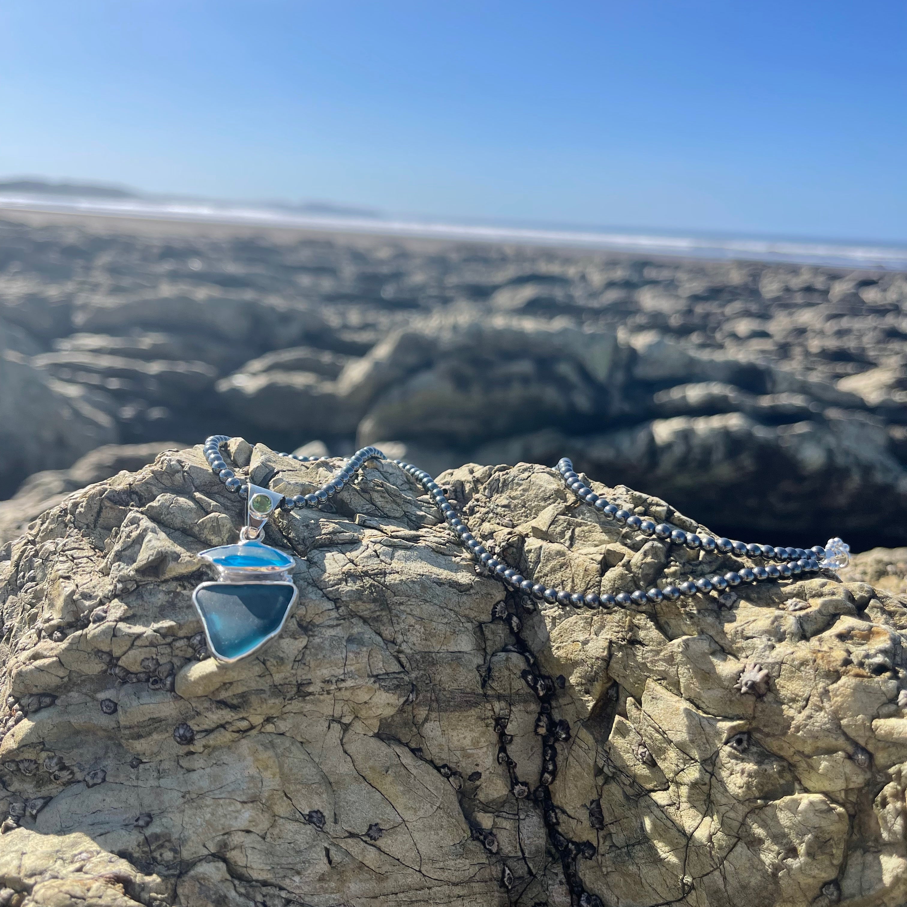 Cobalt Blue and Aqua Sea Glass and Peridot Silver Pendant-Jenstones Jewelry