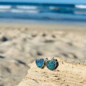 Ocean Blue Heart Druzy Stud Earrings-Jenstones Jewelry
