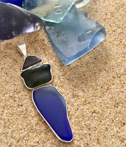 Pendant Sterling Cobalt Blue, Dark Green and Brown Sea Glass Pendant-Jenstones Jewelry