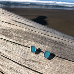 Sea Glass Oval Stud Earrings Blue small-Jenstones Jewelry