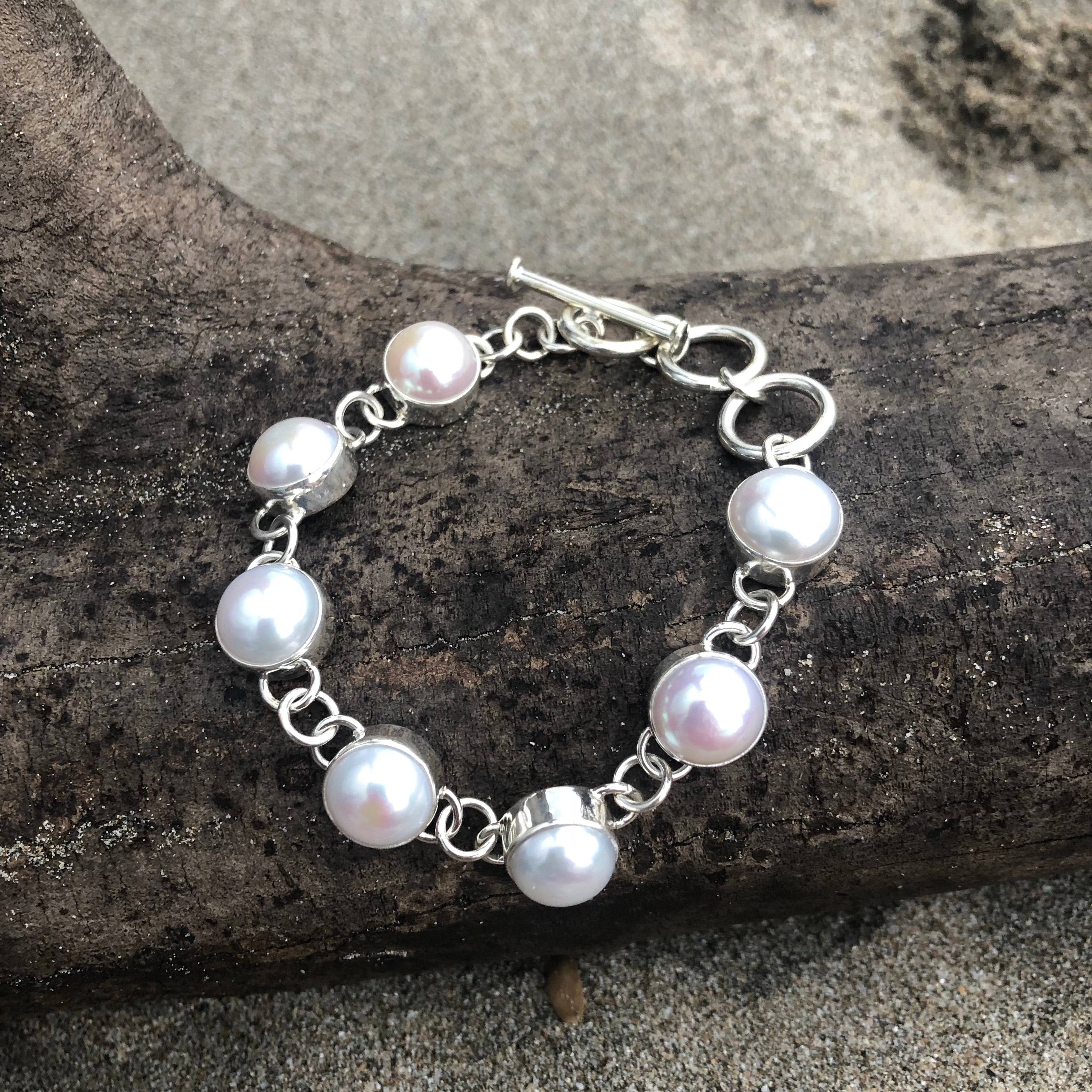 Link Bracelet White Fresh Water Pearl-Jenstones Jewelry