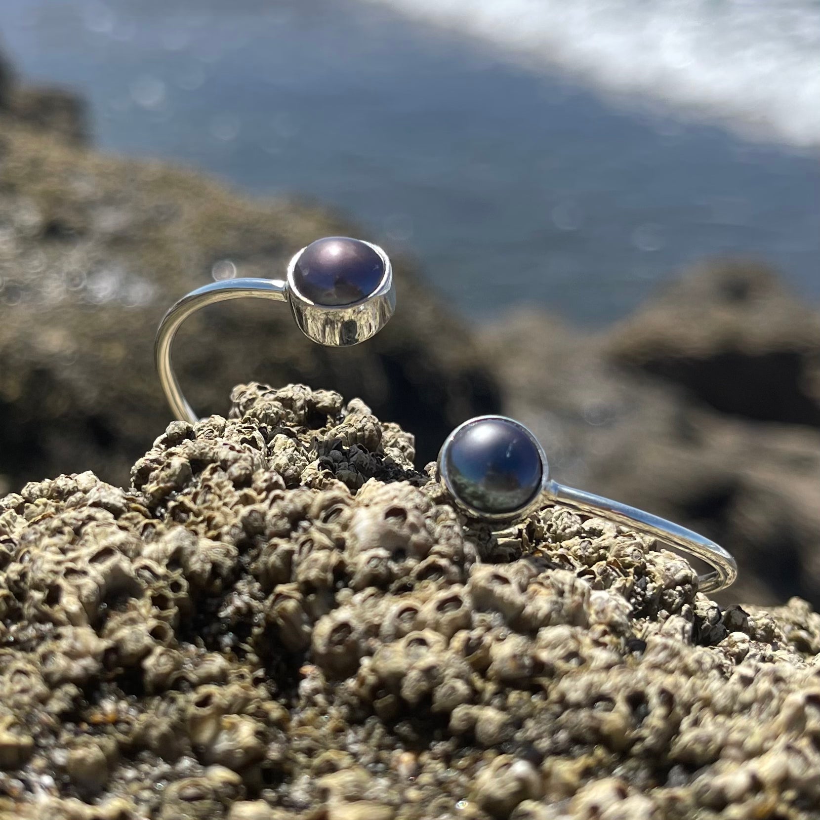 Double Purple Fresh Water Pearl and Sterling Silver Bangle-Jenstones Jewelry