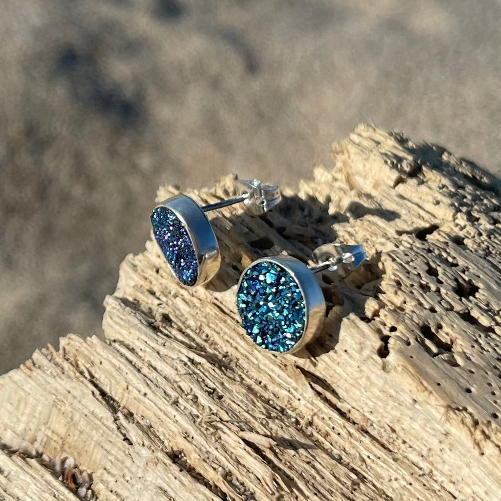 Deep Sea Blue Druzy Stud Earrings-Jenstones Jewelry
