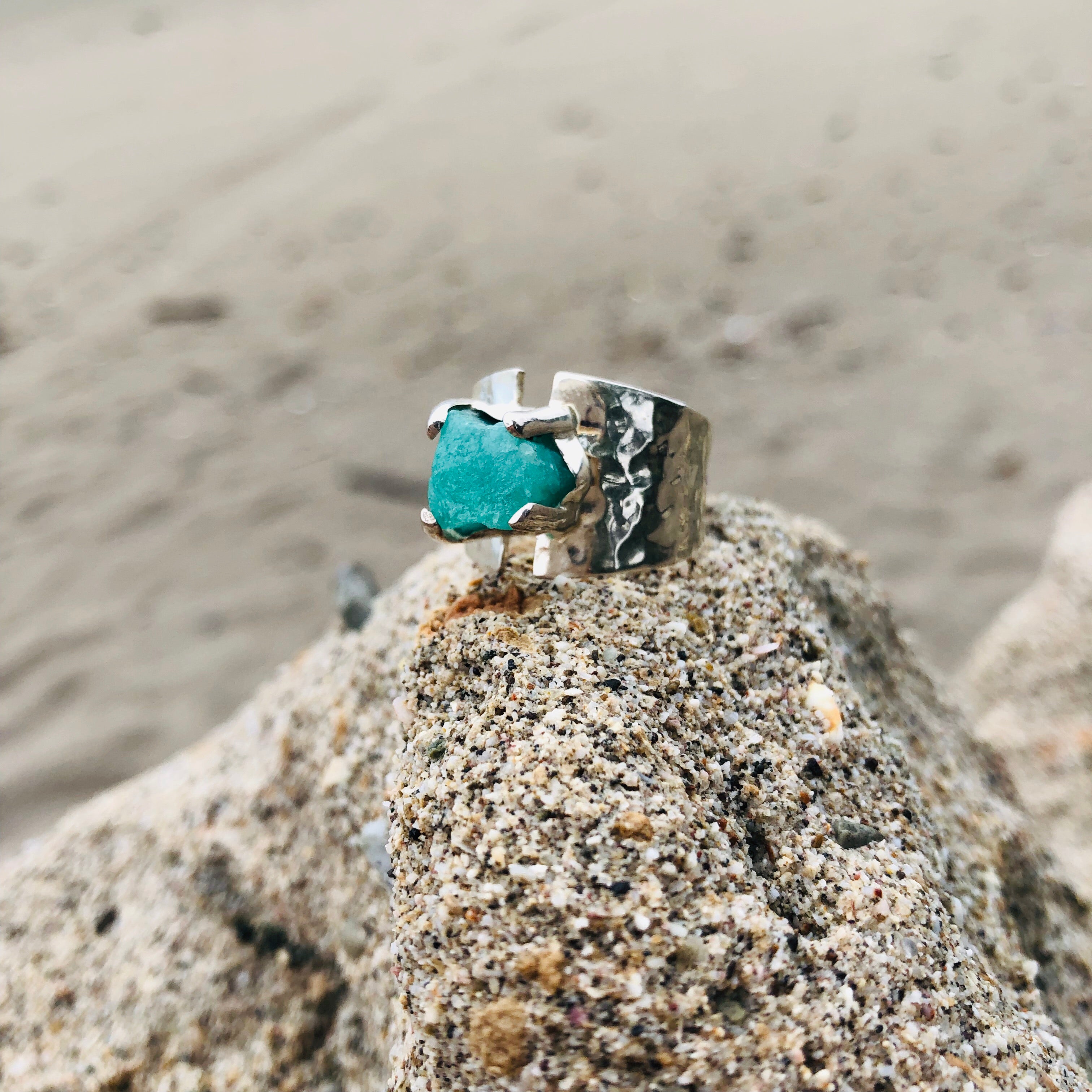 Emerald Ring Raw Hammered Prong Setting-Jenstones Jewelry
