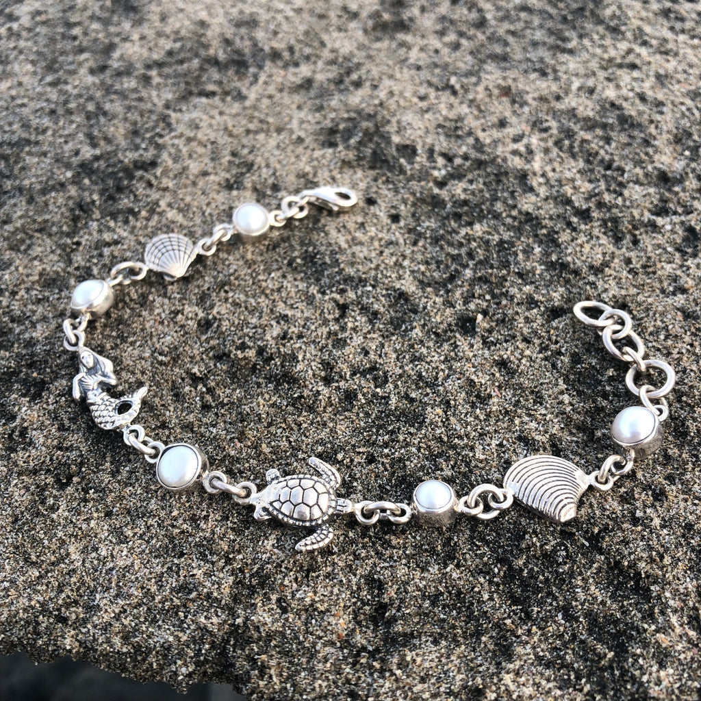 Mermaid, Turtle, and Pearl Silver Link Bracelet-Jenstones Jewelry