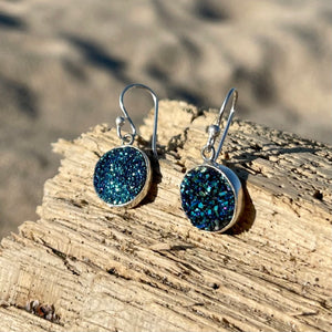 Ocean Blue Round Druzy Dangle Earrings-Jenstones Jewelry