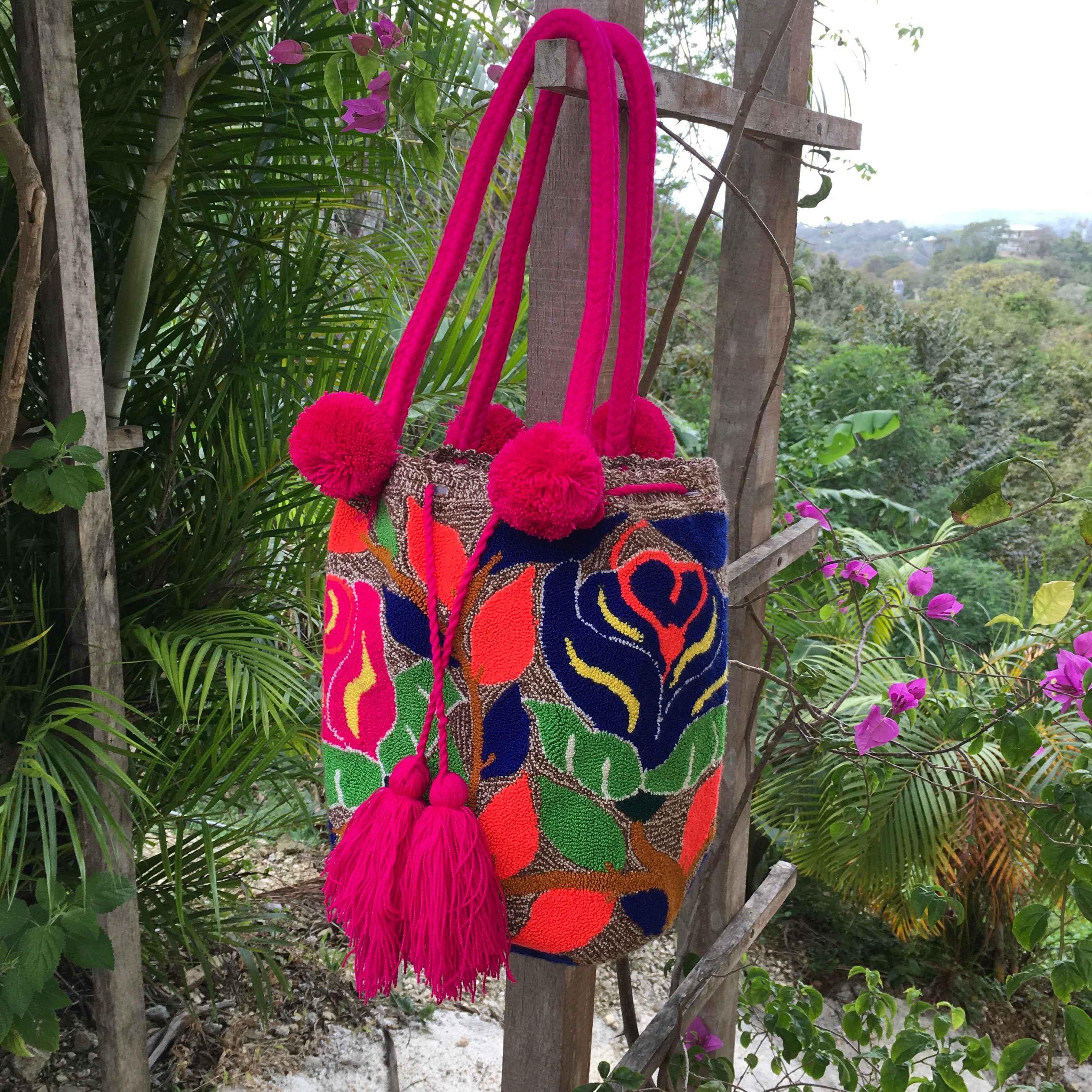 Mochila “Rose Garden”Large Pom Pom Braid Design-Jenstones Jewelry