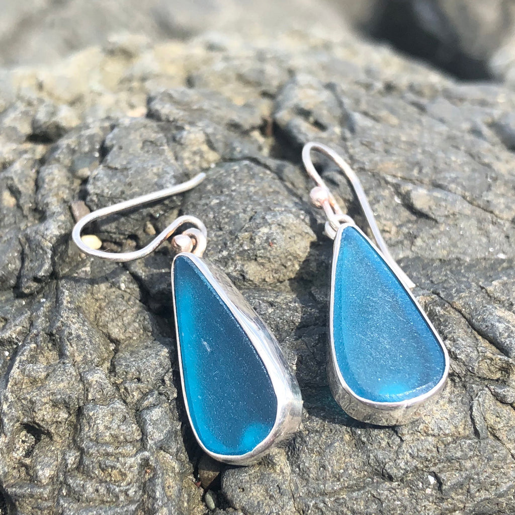 Aqua Blue Sea Glass Drop Earrings-Jenstones Jewelry