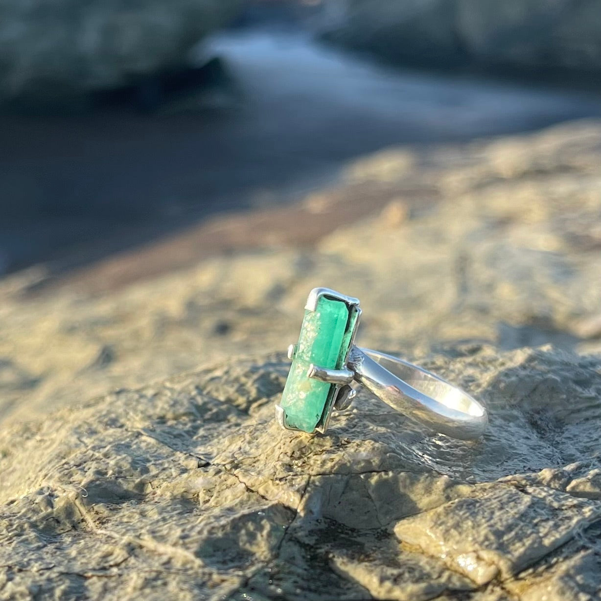 Raw Emerald Faceted Crystal with Sterling Silver Pronged Ring Setting-Jenstones Jewelry