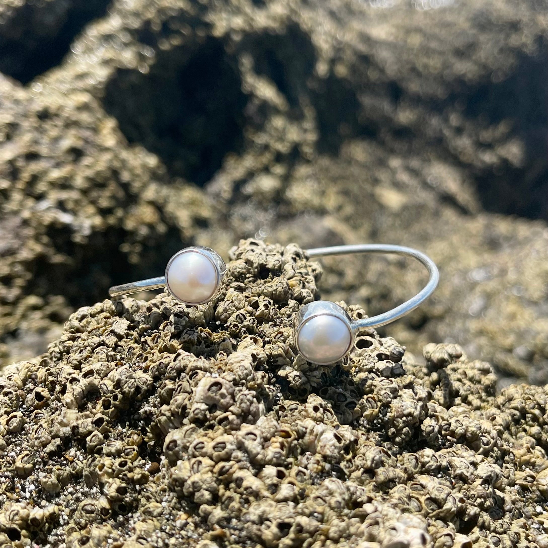 Double White Fresh Water Pearl and Sterling Silver Bangle-Jenstones Jewelry