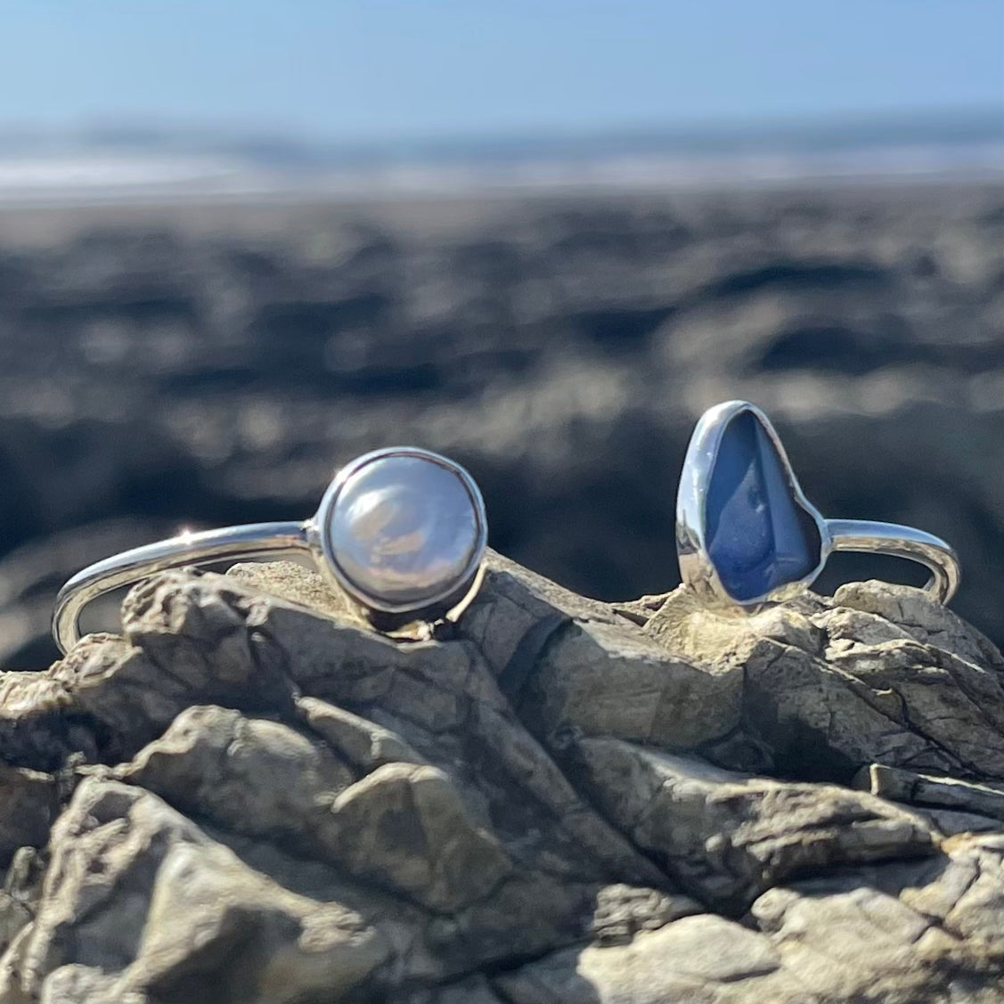 Wrap Bangle with Pearl & Blue Sea Glass-Jenstones Jewelry