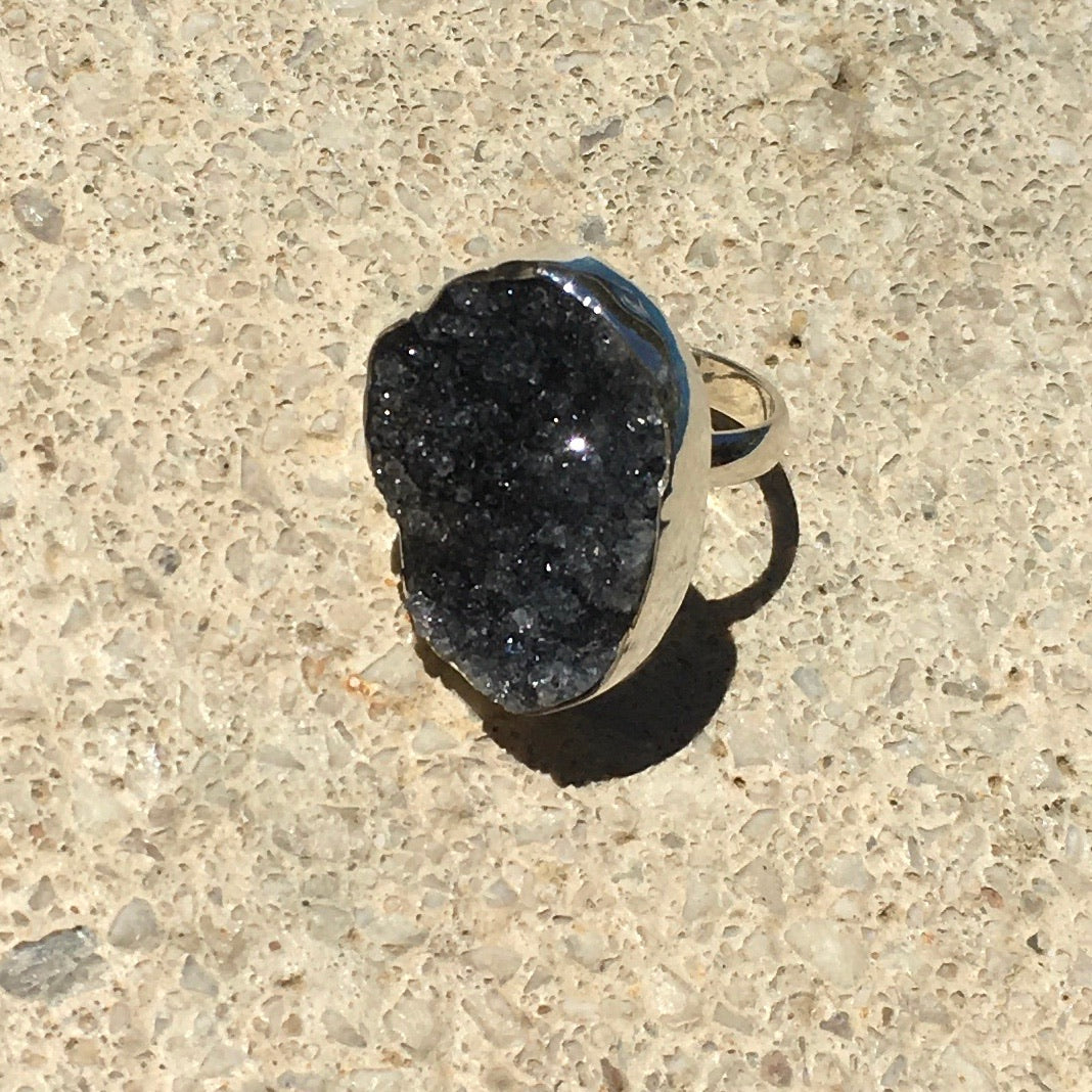 Black Quartz Ring Raw Crystal Cluster Oval-Jenstones Jewelry