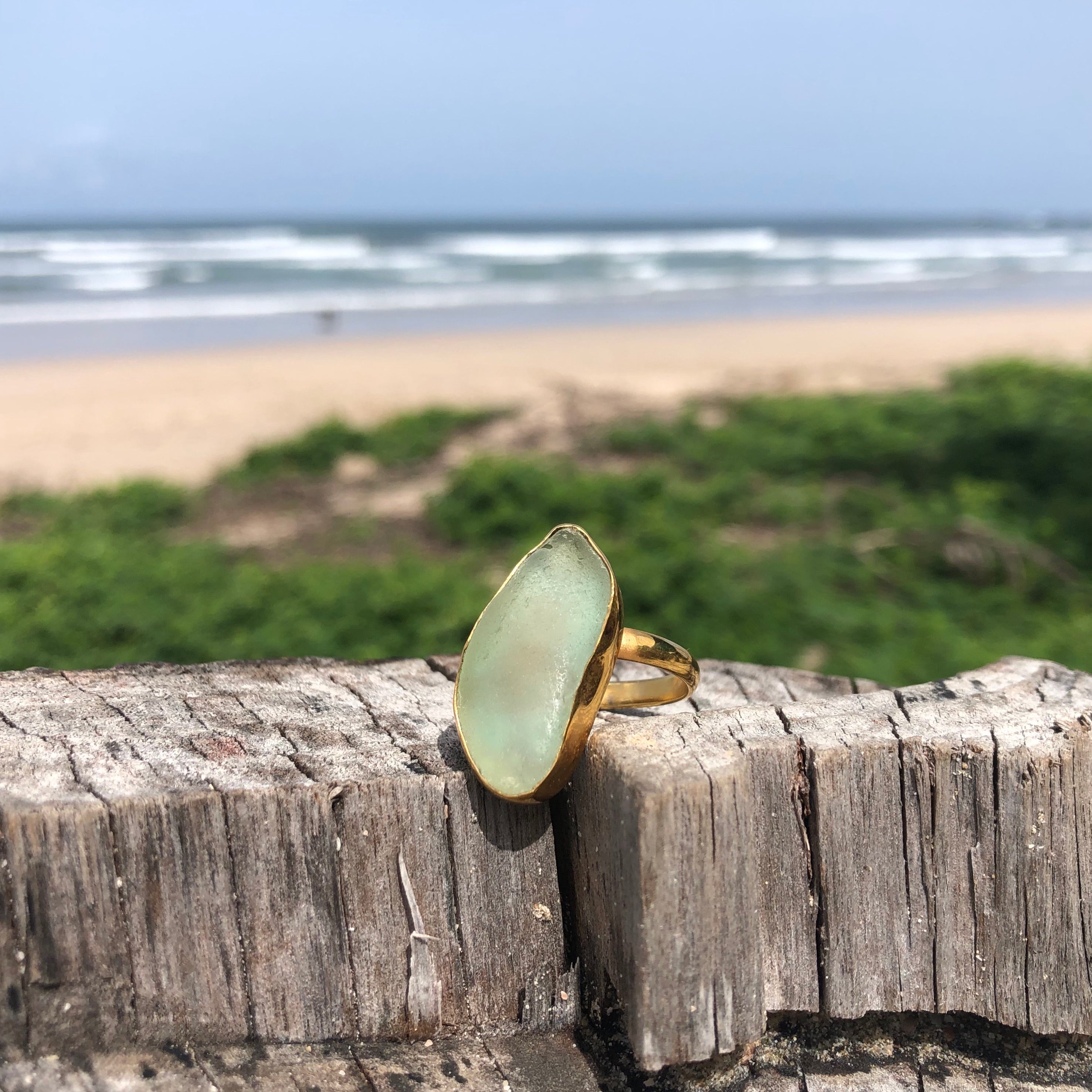 Seafoam Green Sea Glass Gold Plated Bronze Ring-Jenstones Jewelry
