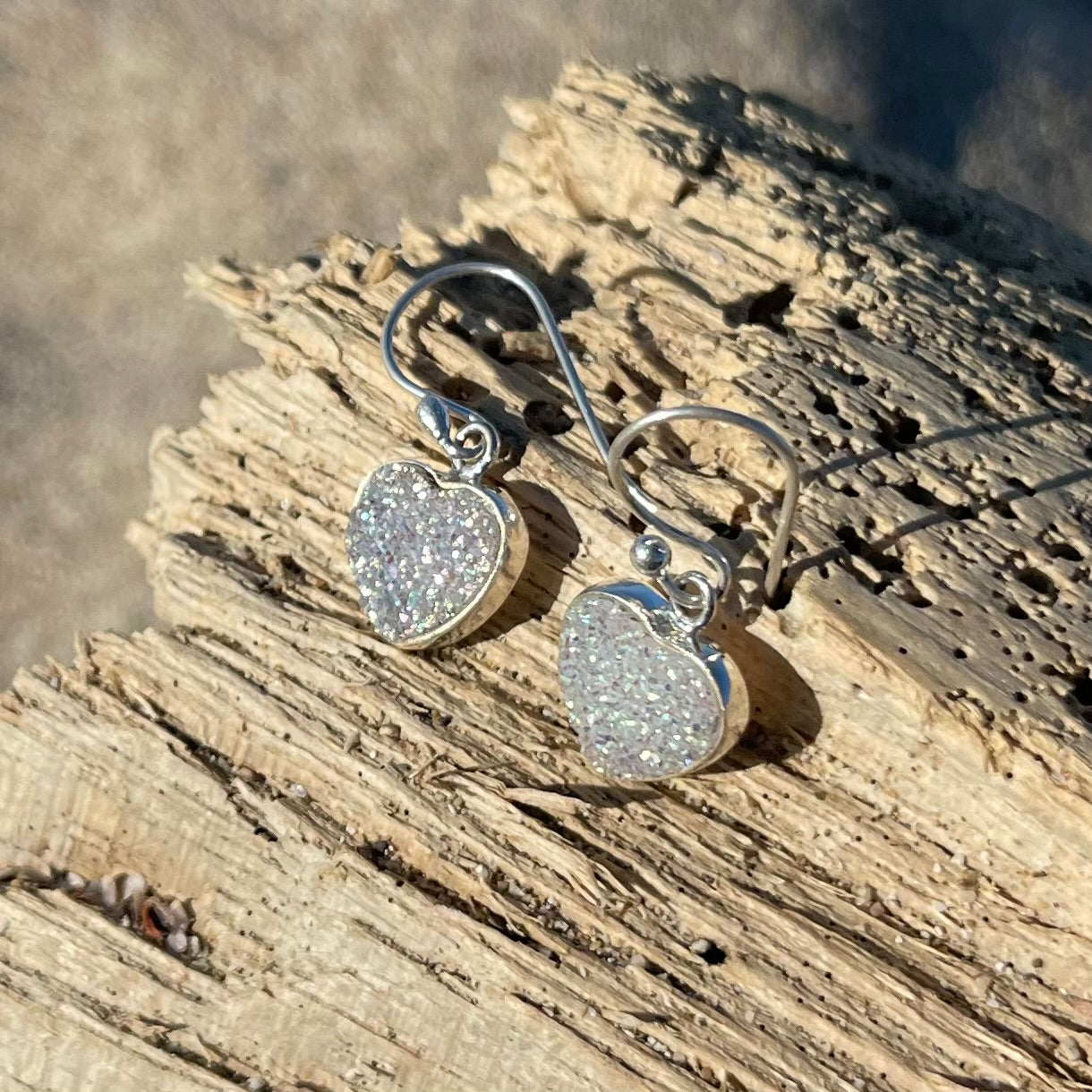 White Heart Druzy Dangle Earrings-Jenstones Jewelry