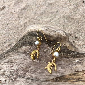 Croc and Pearl Dangle Bronze Earrings-Jenstones Jewelry
