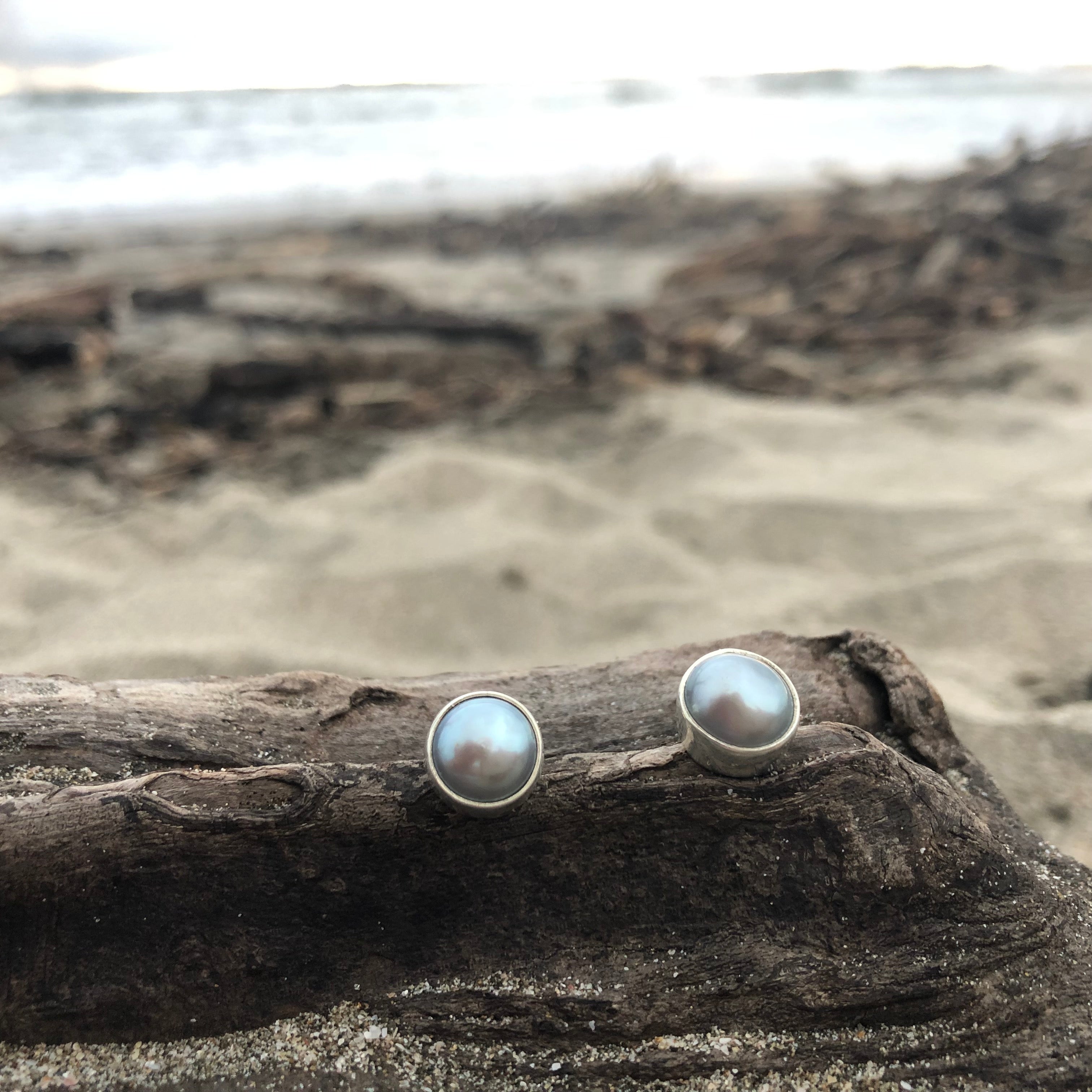 Gray Fresh Water Pearl Post Earrings-Jenstones Jewelry