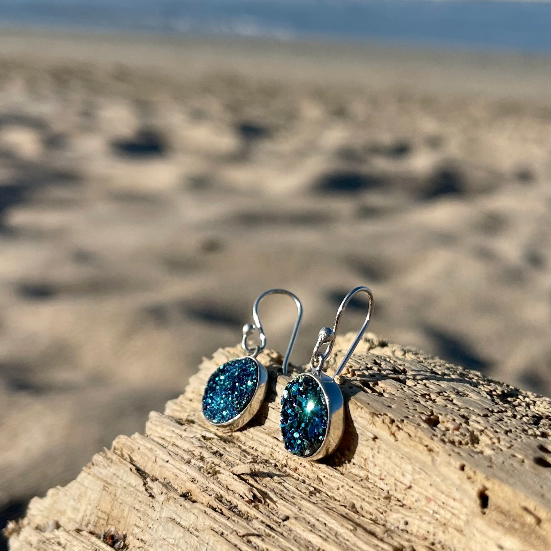 Ocean Blue Round Druzy Dangle Earrings-Jenstones Jewelry