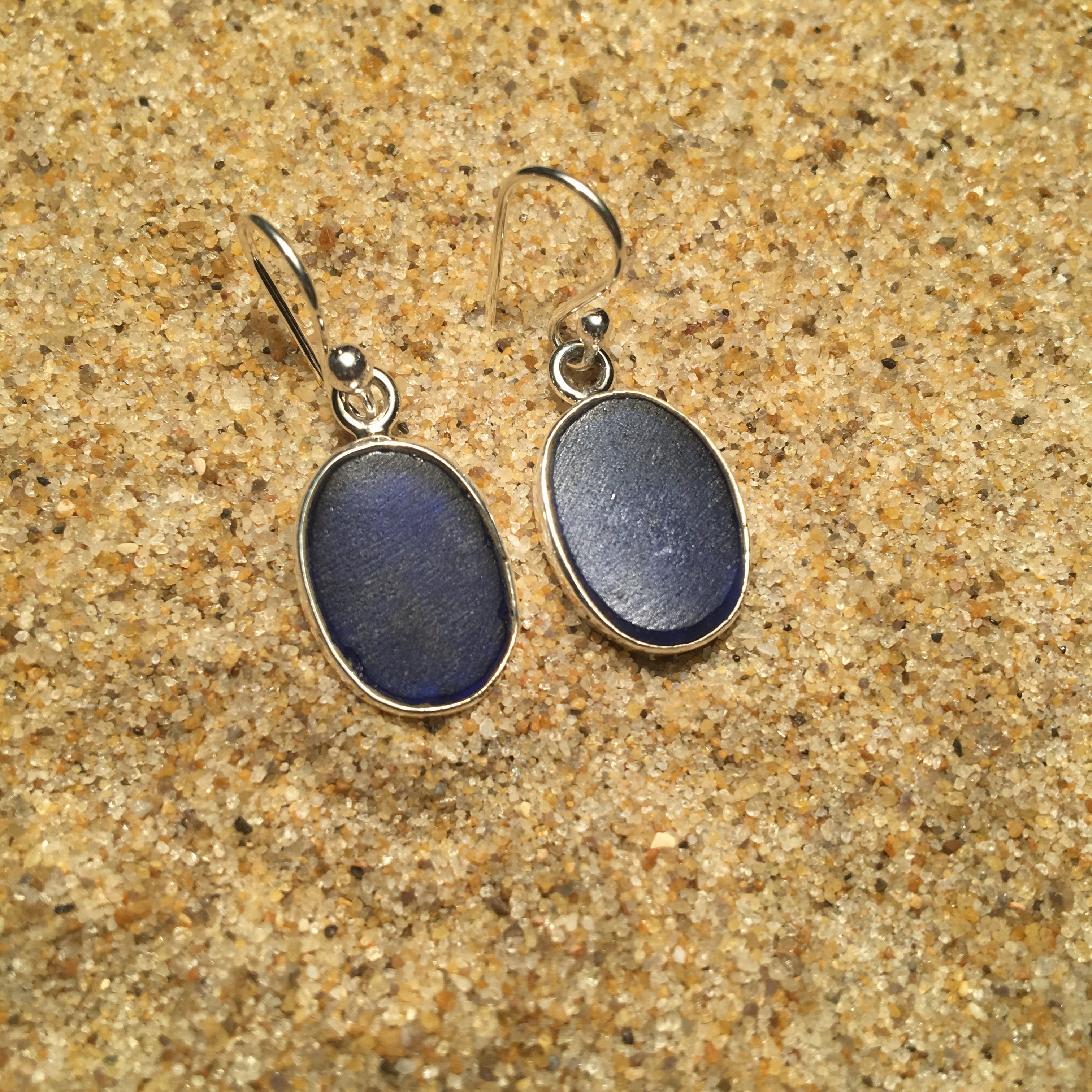 Aqua Sea Glass Oval Dangle Earrings-Jenstones Jewelry